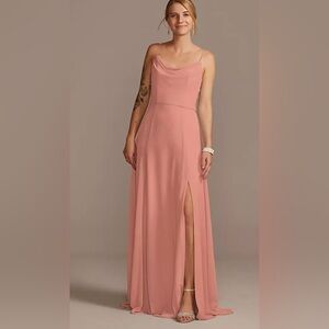 David’s Bridal Desert Coral New With Tags Cowl Neck Chiffon Dress with Slit